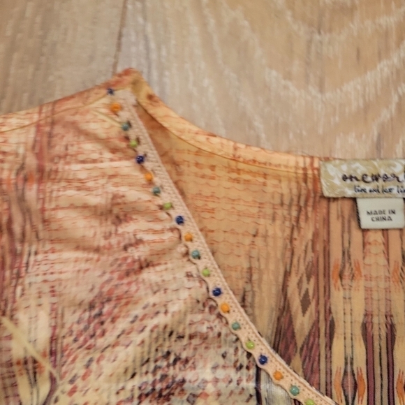 One World Live and let live patterned cap sleeve beaded tunic size Large - Picture 5 of 9